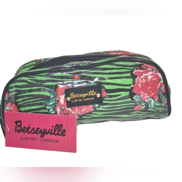 Betseyville Pencil Cosmetic Case Green Zebra Rose By Betsey Johnson NWT - Picture 1 of 10
